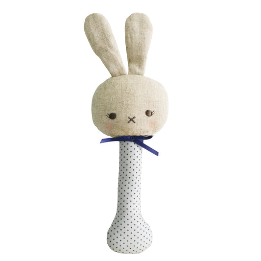 Navy Spot Baby Bunny Stick Rattle made by Alimrose