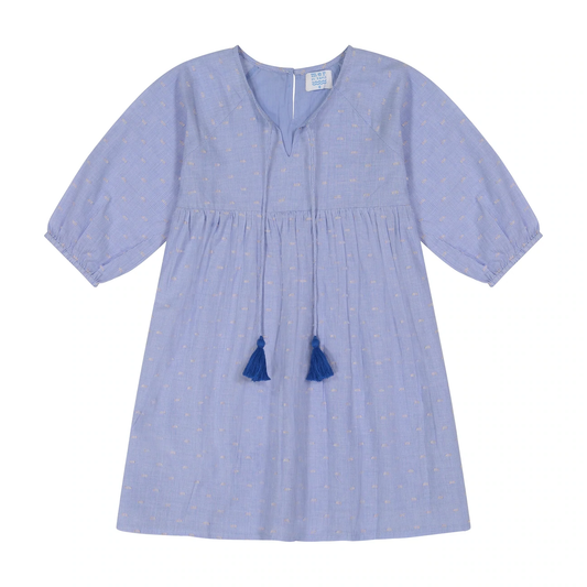 Mer St. Barths "Sara Popover dress" with blue stripes and Swiss dot.
