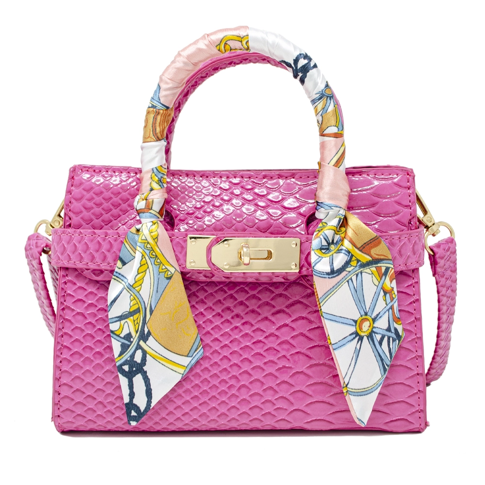 Patent  "Crocodile" Buckle Bag with Scarf - Hot Pink
