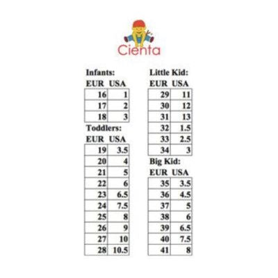Cienta T-Strap Shoe size chart 