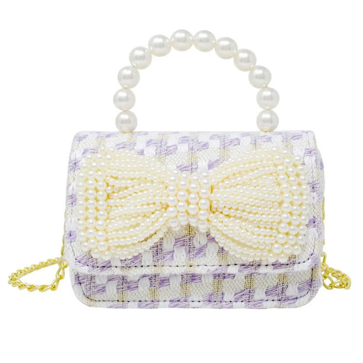 Purple Tweed Pearl Handle Bow Bag by Zomi Gems