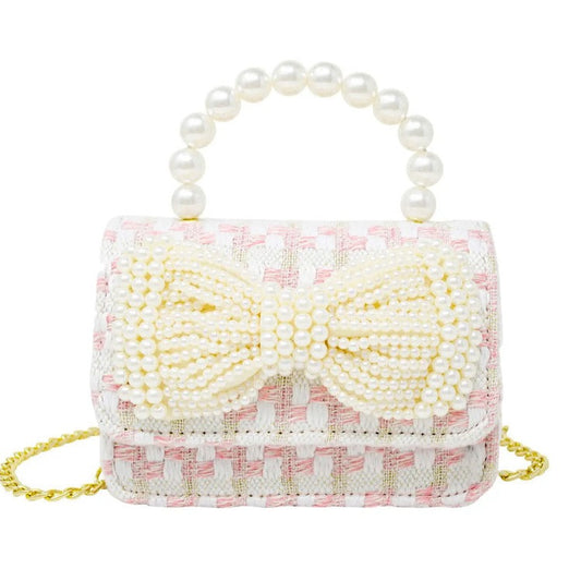  Pink Tweed Pearl Handle Bow Bag by Zomi Gems